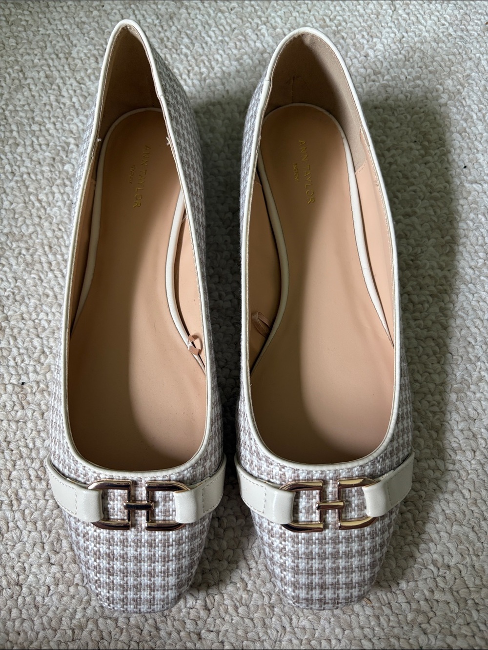 Ann Taylor White & Beige Tweed Square-Toe Flats with Gold Buckle